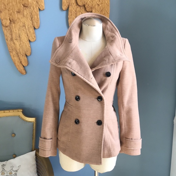 H&M tan button up peacoat size 0 neutral trendy closet staple office career - Picture 8 of 13